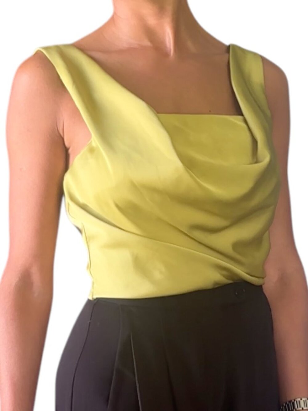Rachel Zoe Chartreuse Olive Satin Cowl Neck Halter Top Smocked Back Size XS